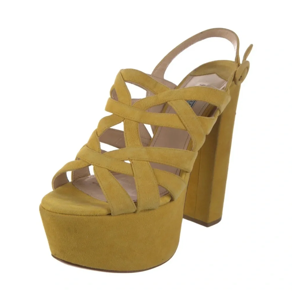 Prada Mustard Yellow Suede Platform Slingback Heels Size 38.5 - Picture 2 of 5